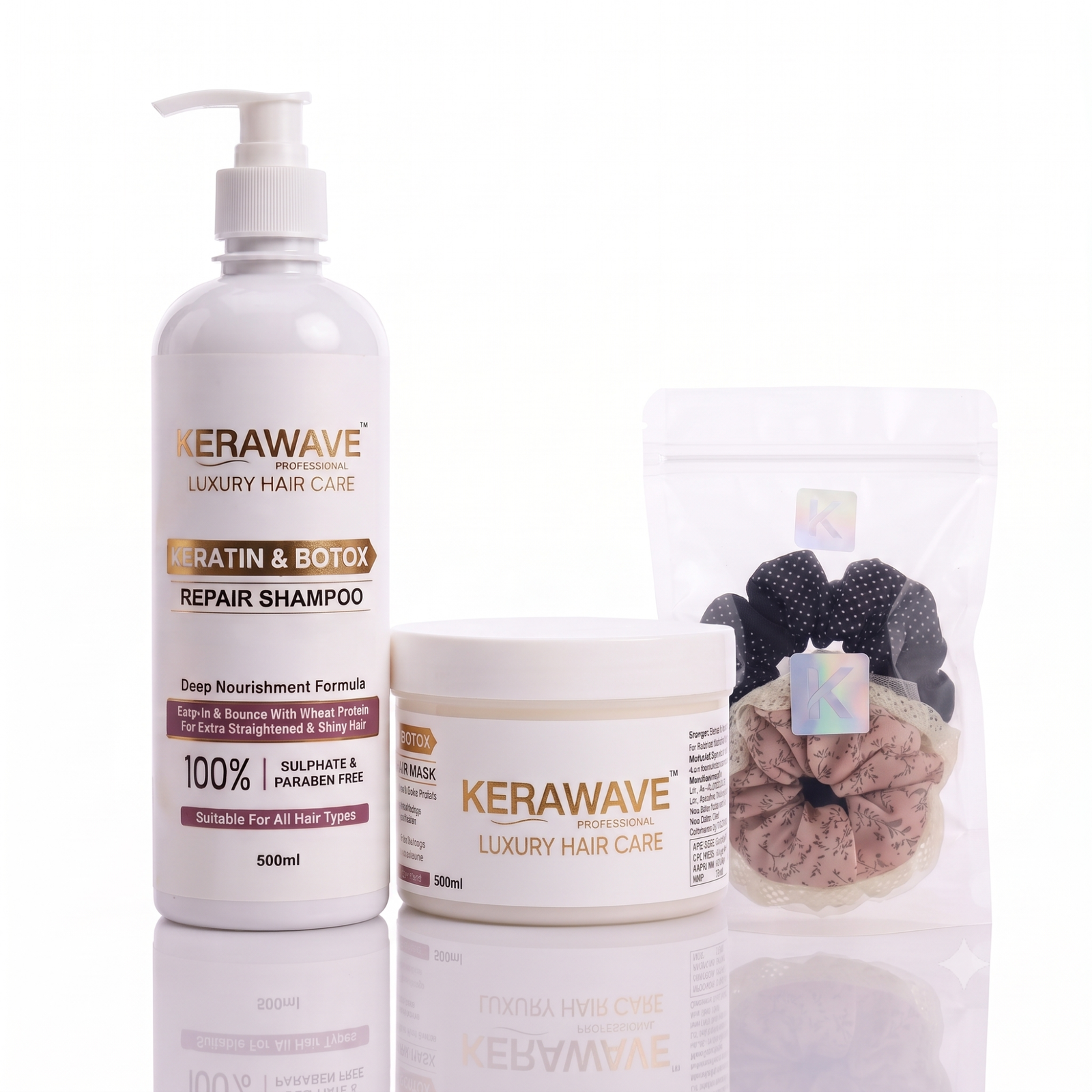 Keratin Shampoo & Hair Mask Combo | 500 ml each | with 2 pcs of scrunchies