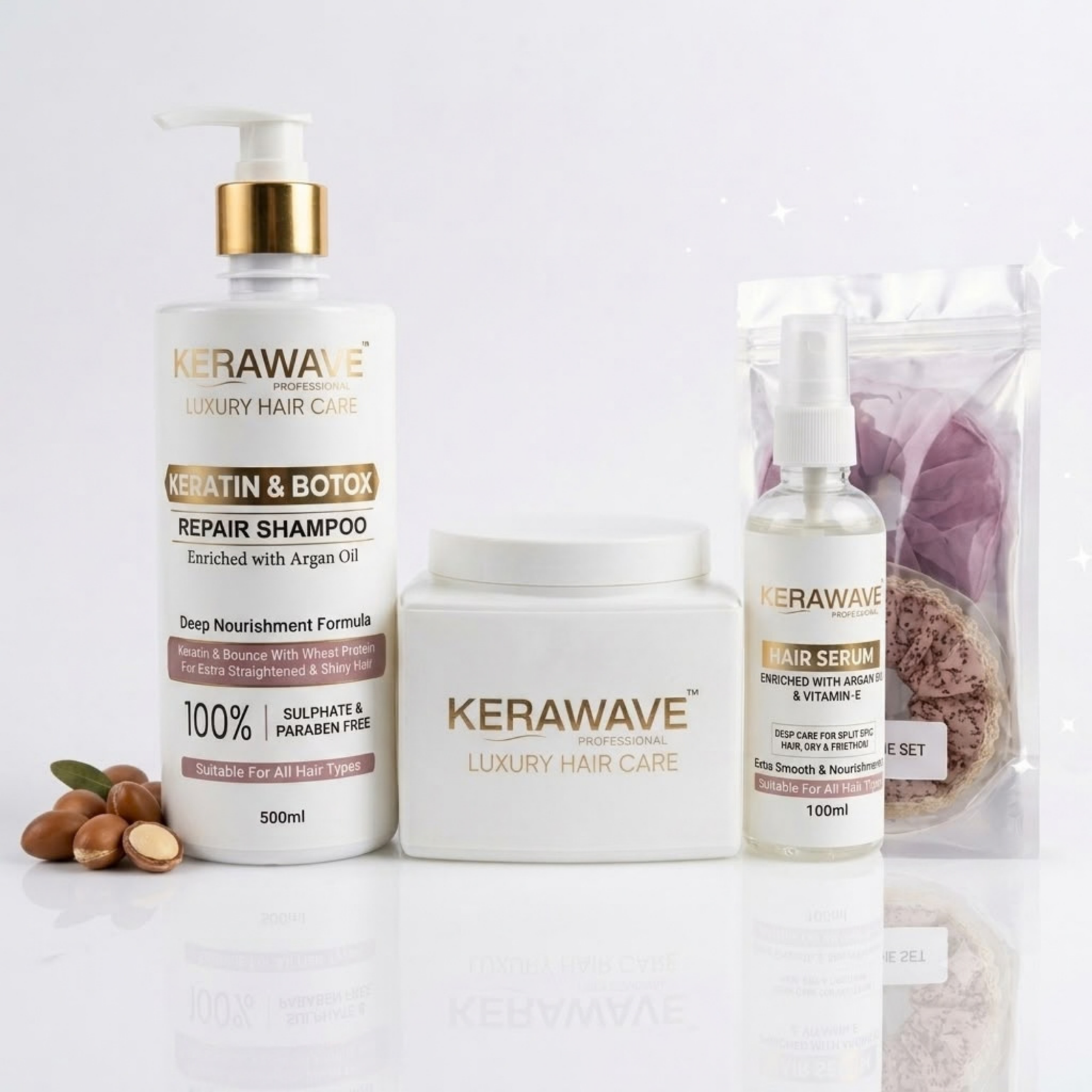 Keratine & Botox Shampoo(500ml), Hair Mask(500ml) & Serum(100ml) Kit | | with 2 pcs of scrunchies